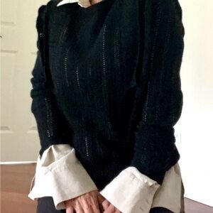 AQUA 100% Cashmere Black Pointelle Sweater with Shoulder Details